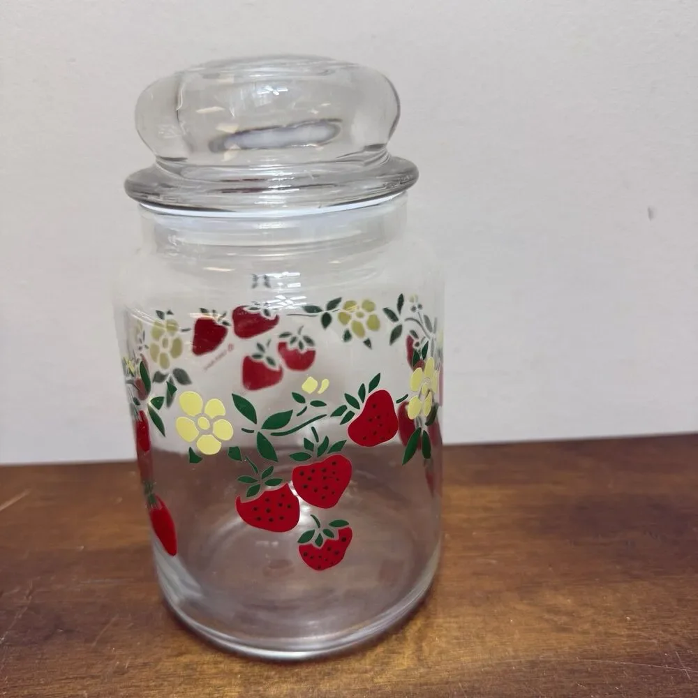 VTG Strawberry Blossom Glass Storage Jar Lid Anchor Hocking 80s Cottagecore 7in